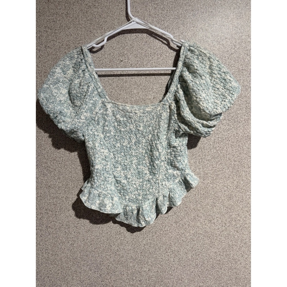 Free People Light Blue Floral Lace Puff Sleeve Hook Eye Crop Top XS - Picture 3 of 6